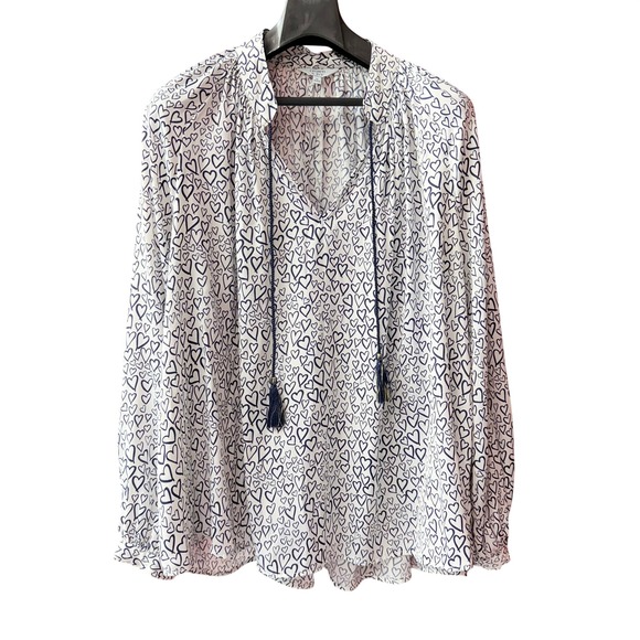 crown & ivy Tops - Crown &‎ Ivy Blouse Womens Medium White Heart Print Long Sleeve Gathered Neck